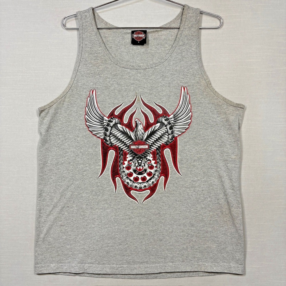 Vintage Harley Davidson Tank Shirt Mens L Gray Tribal Eagle Wolverine Stained